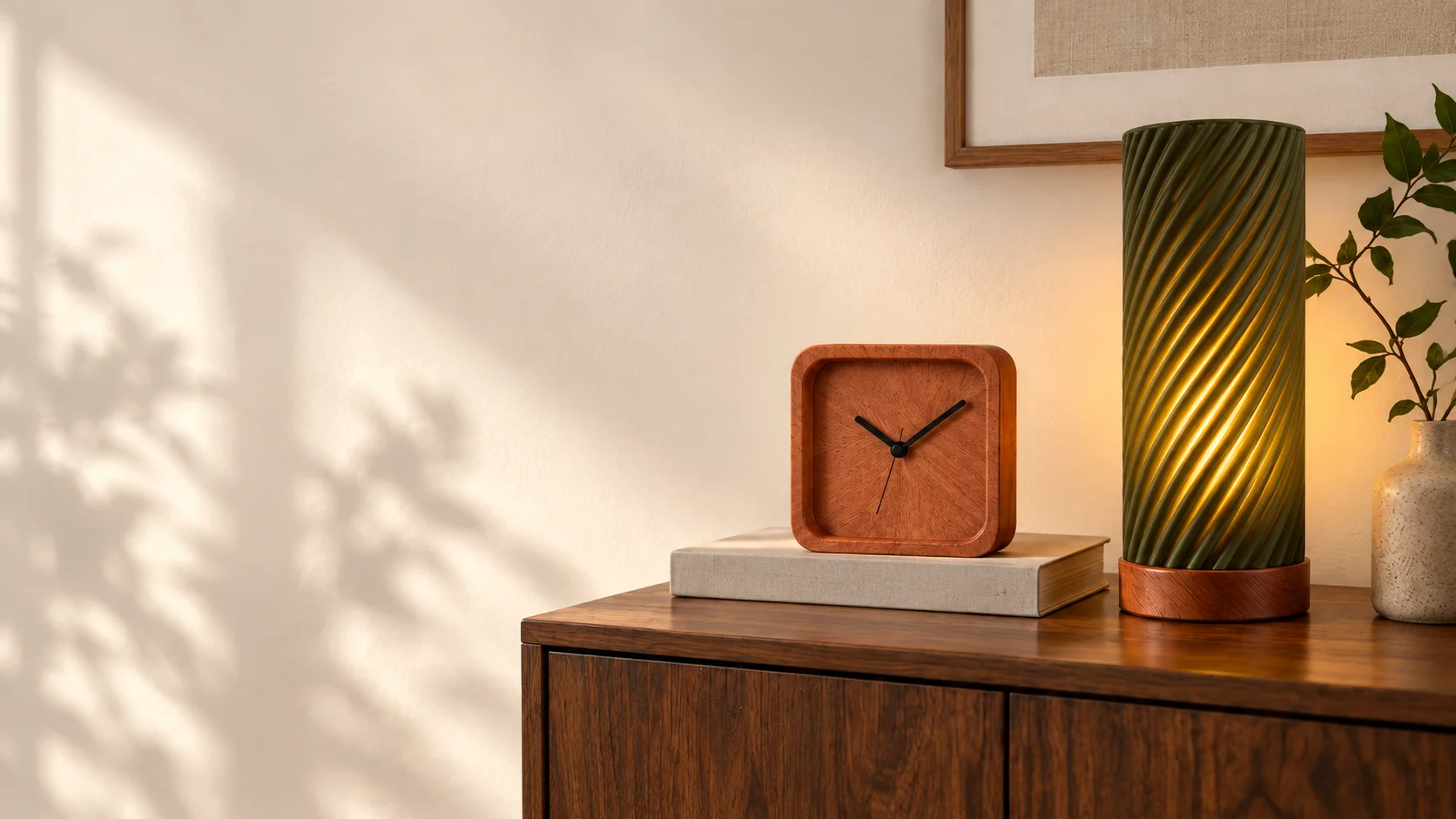 Escena referencial de un reloj de madera y una lámpara espiral en una casa cálida